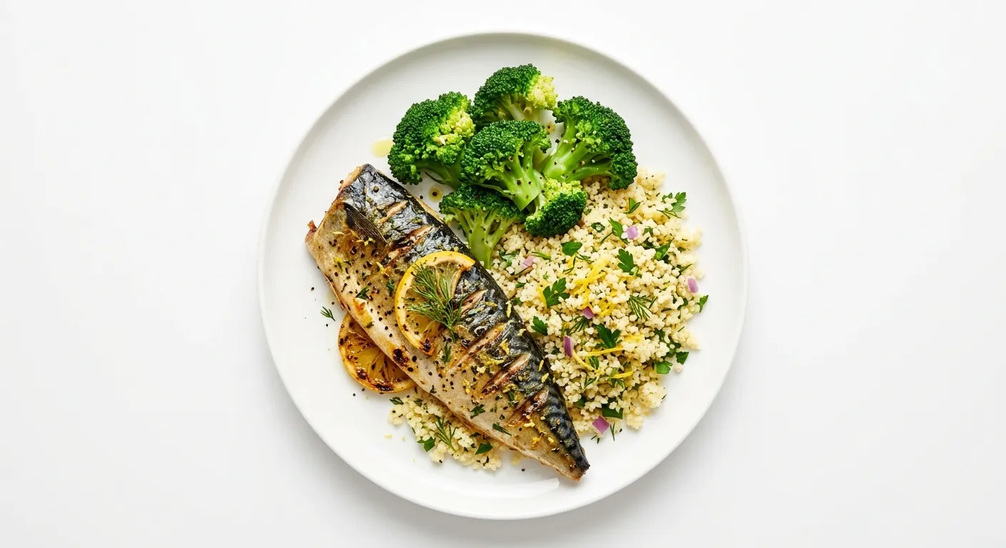 Grilled Mackerel with Lemon Herb Couscous and Steamed Broccoli