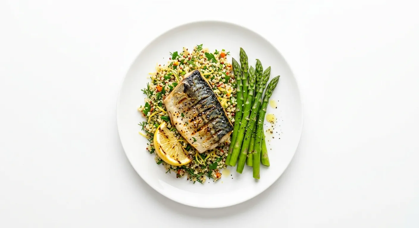 Grilled Mackerel with Lemon Herb Quinoa and Steamed Asparagus