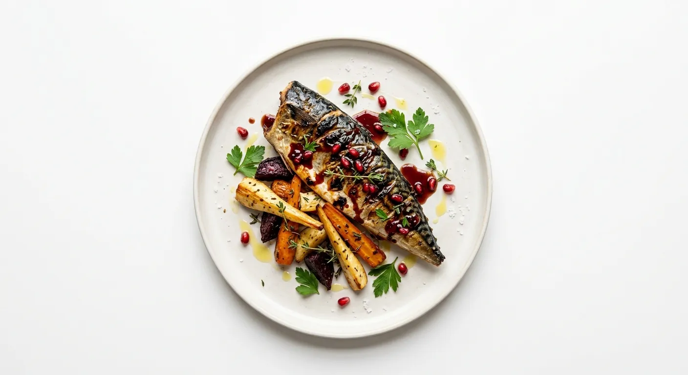 Grilled Mackerel with Pomegranate Glaze and Autumn Root Vegetables