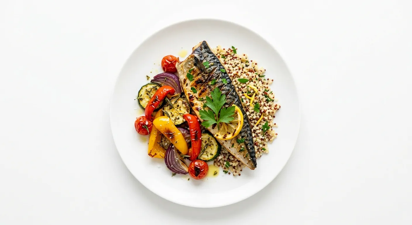 Grilled Mackerel with Quinoa and Roasted Vegetables