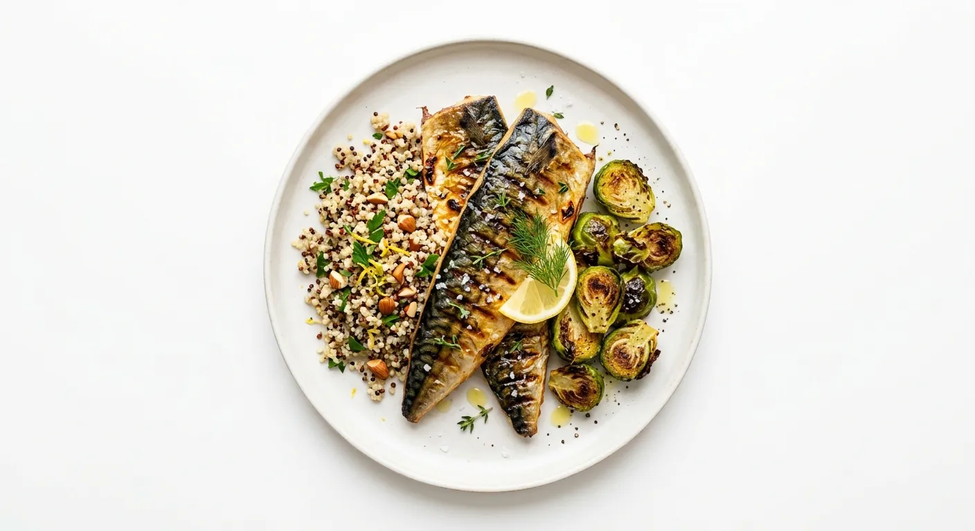 Grilled Mackerel with Roasted Brussels Sprouts and Quinoa