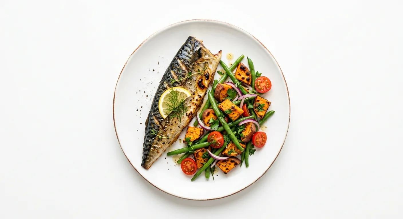 Grilled Mackerel with Sweet Potato and Green Bean Salad