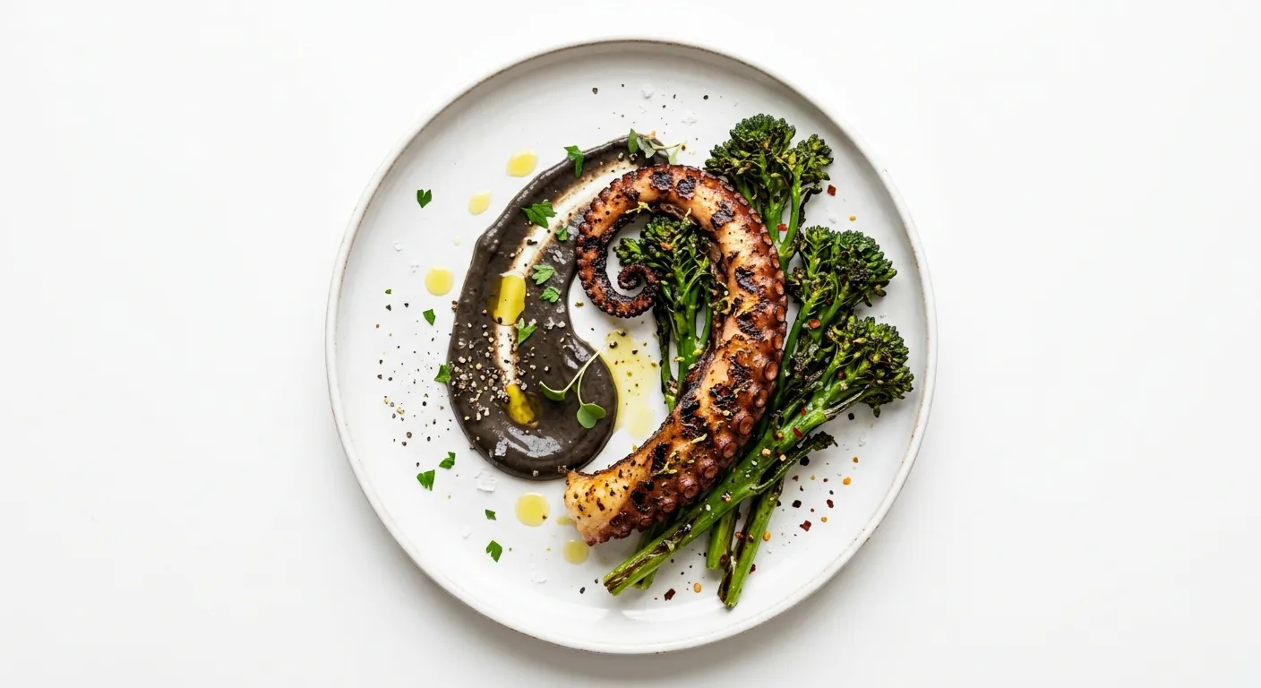 Grilled Octopus with Black Garlic Aioli and Charred Broccolini