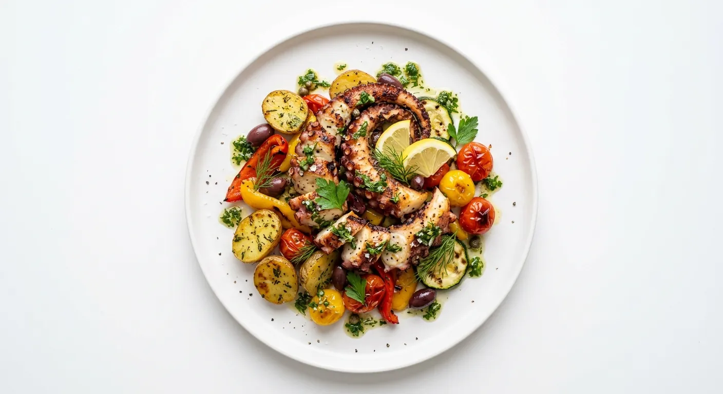 Grilled Octopus with Autumn Vegetables and Herb Vinaigrette