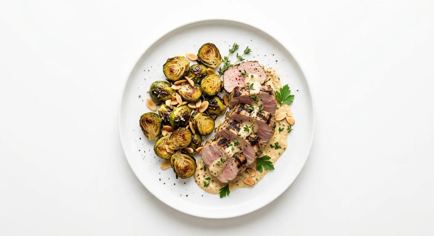 Grilled Pork Tenderloin with Roasted Brussels Sprouts and Almond Sauce