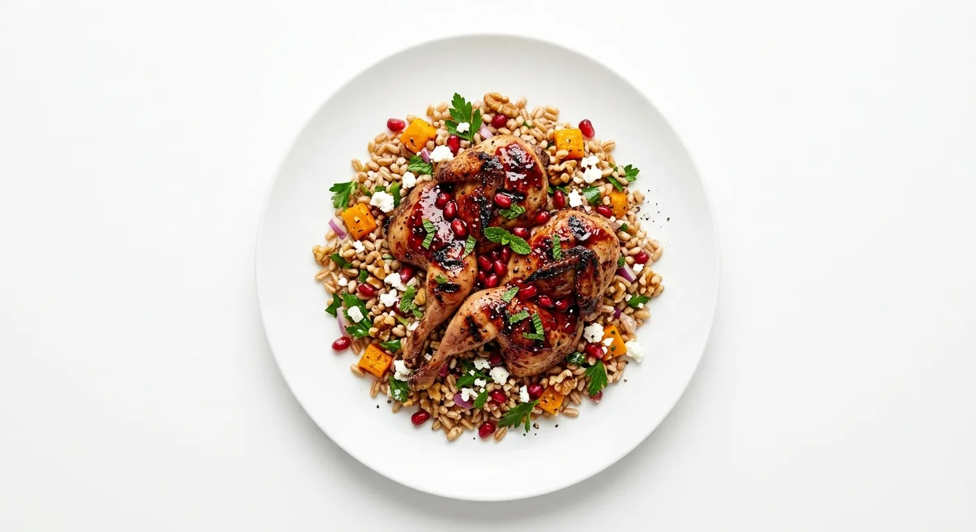 Grilled Quail with Pomegranate Glaze and Farro Salad