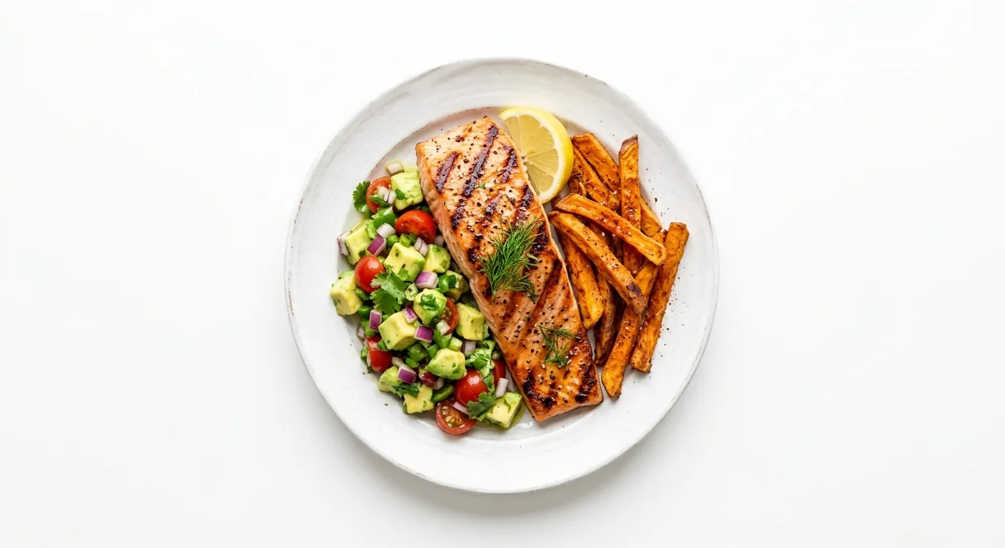 Grilled Salmon with Avocado Salsa and Sweet Potato Fries