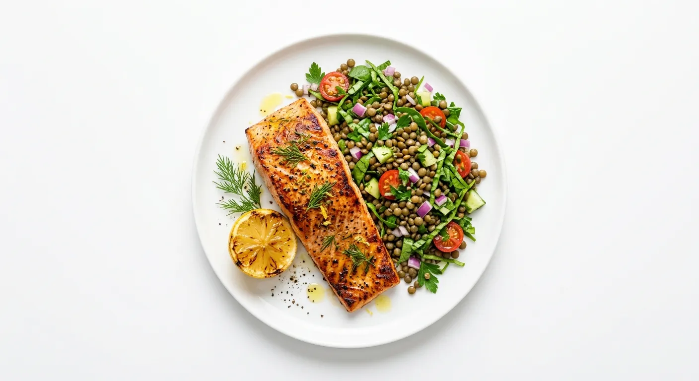 Saumon grillé avec salade de lentilles et légumes