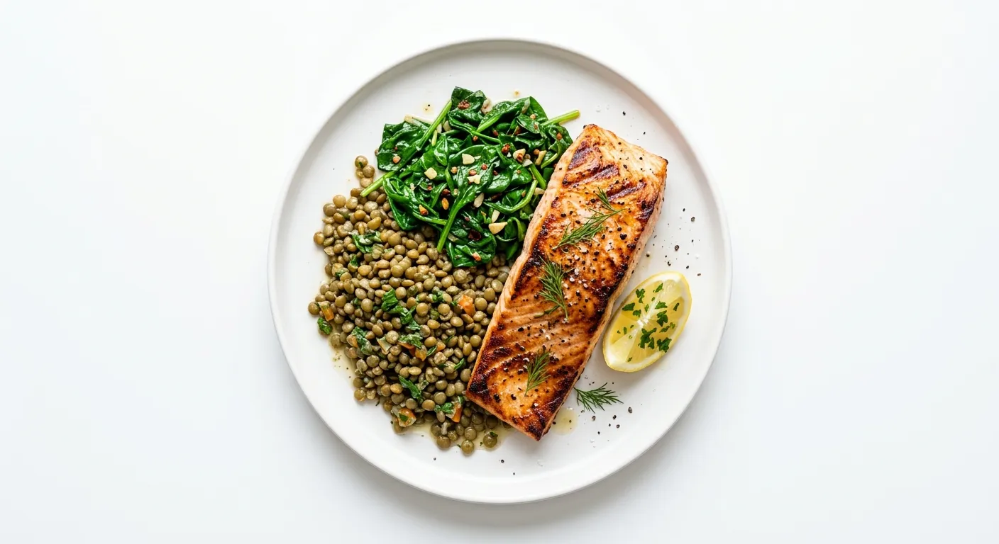 Spicy Grilled Salmon with Sautéed Spinach and Lentils