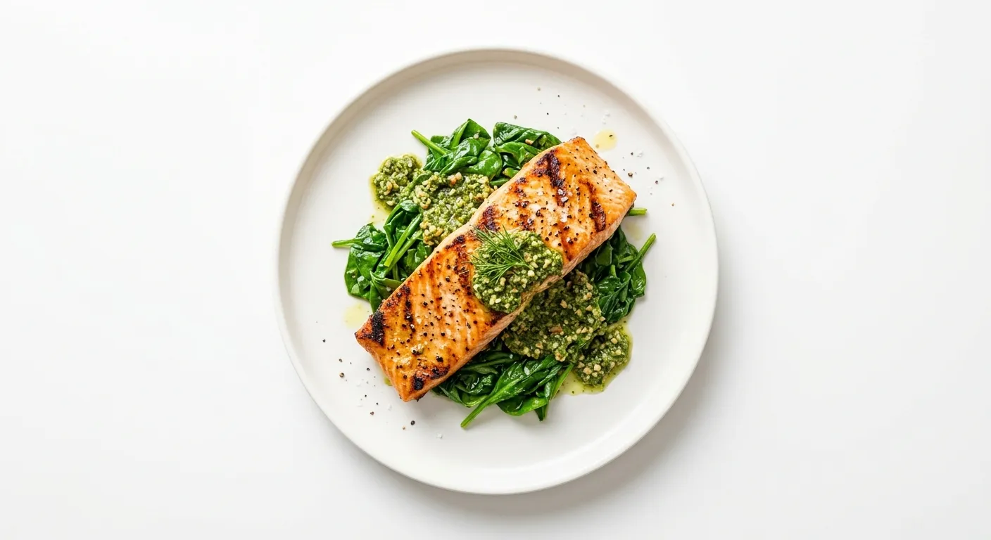 Grilled Salmon with Spinach and Almond Pesto