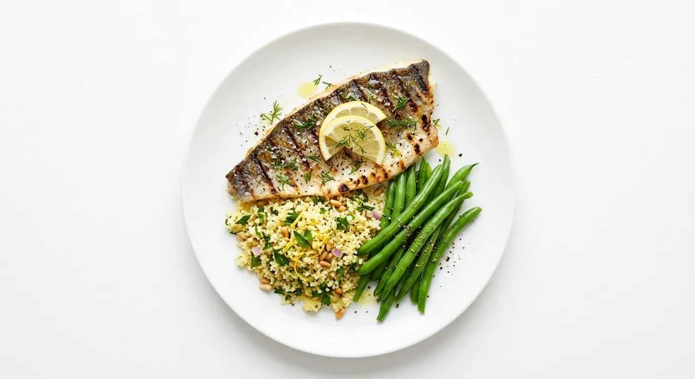 Grilled Sea Bass with Lemon Couscous and Steamed Green Beans