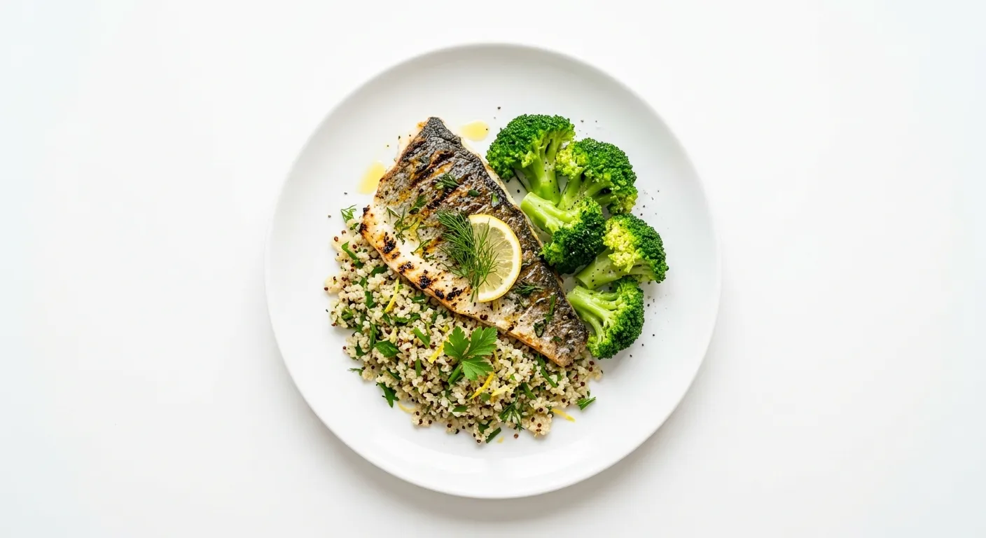Grilled Sea Bass with Lemon Herb Quinoa and Steamed Broccoli