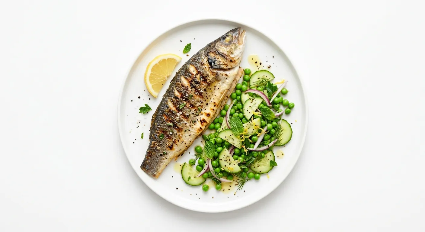 Grilled Sea Bass with Pea and Cucumber Salad