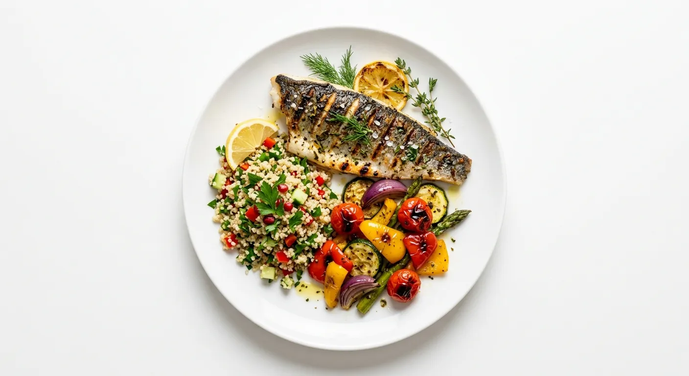 Grilled Sea Bass with Quinoa and Roasted Vegetables