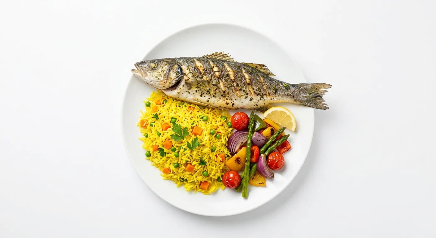 Grilled Sea Bass with Saffron Rice and Seasonal Vegetables