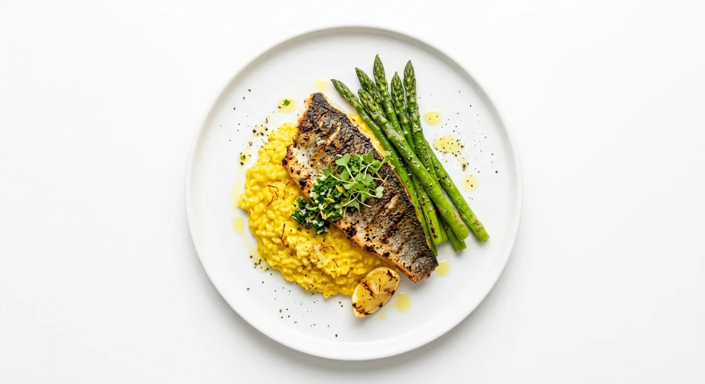 Grilled Sea Bass with Saffron Risotto and Asparagus