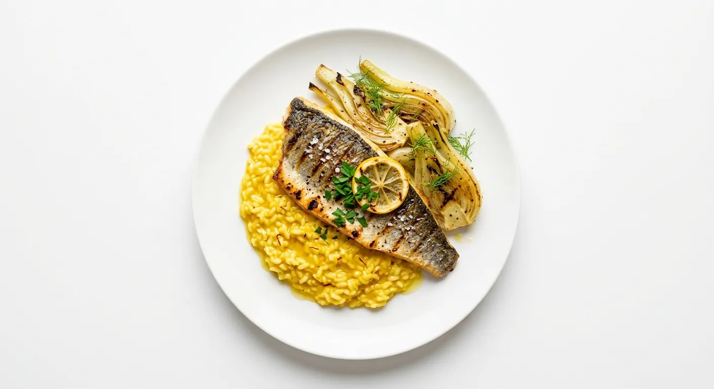 Grilled Sea Bass with Saffron Risotto and Roasted Fennel