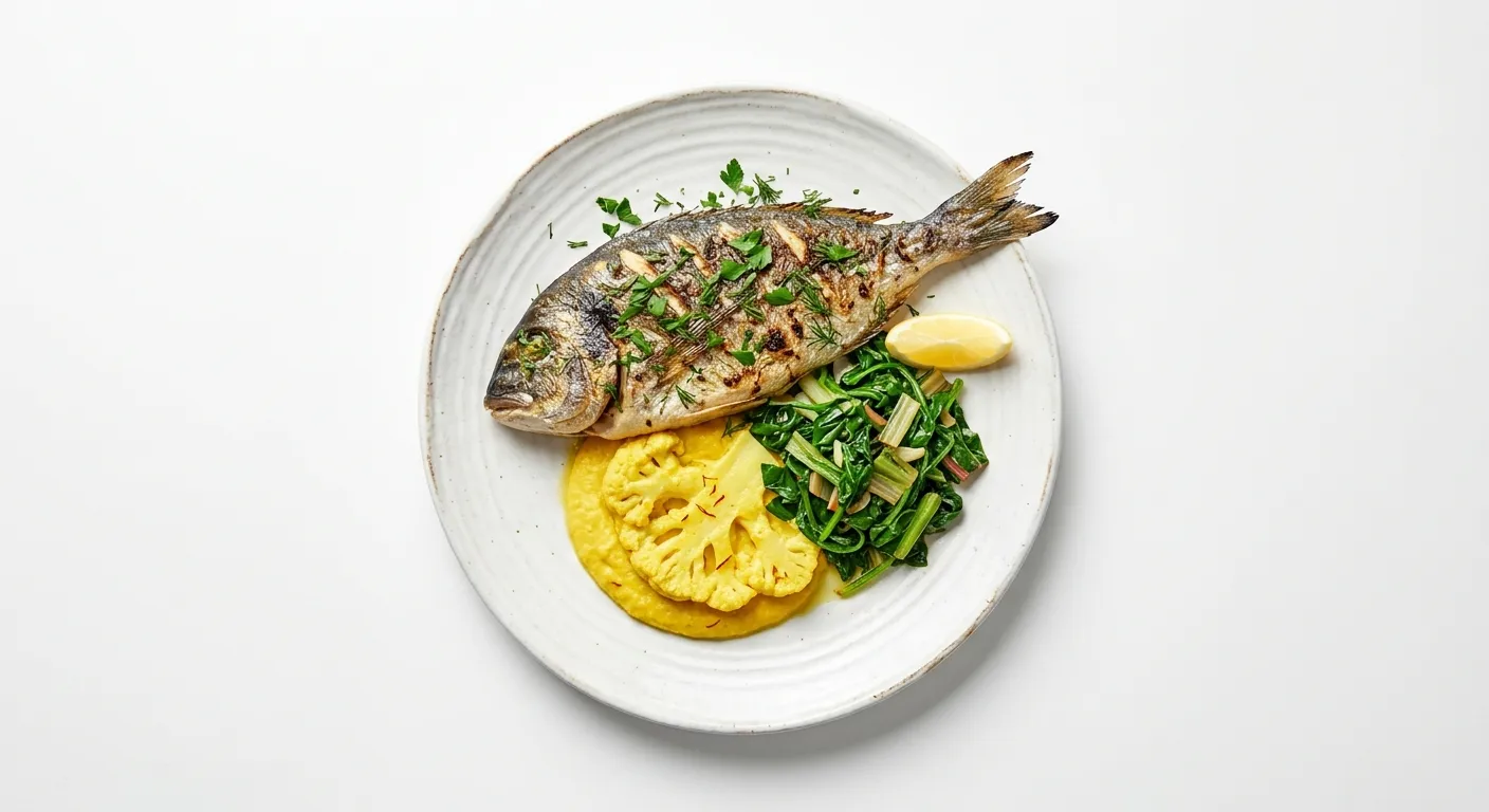 Grilled Sea Bream with Saffron-Infused Cauliflower Puree and Autumn Greens