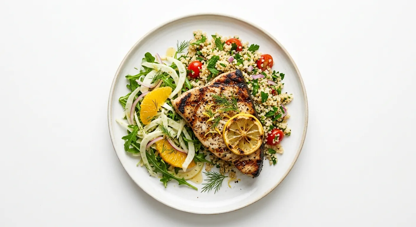 Grilled Swordfish with Citrus Herb Quinoa and Fennel Salad