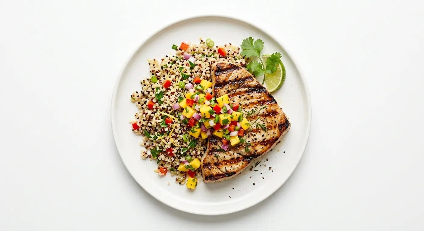 Grilled Swordfish with Mango Salsa and Quinoa Pilaf
