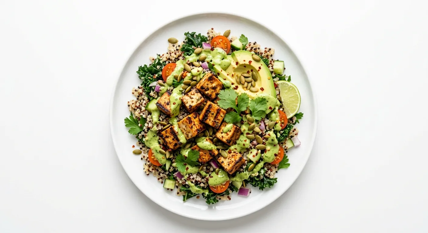 Grilled Tofu and Quinoa Salad with Avocado Dressing