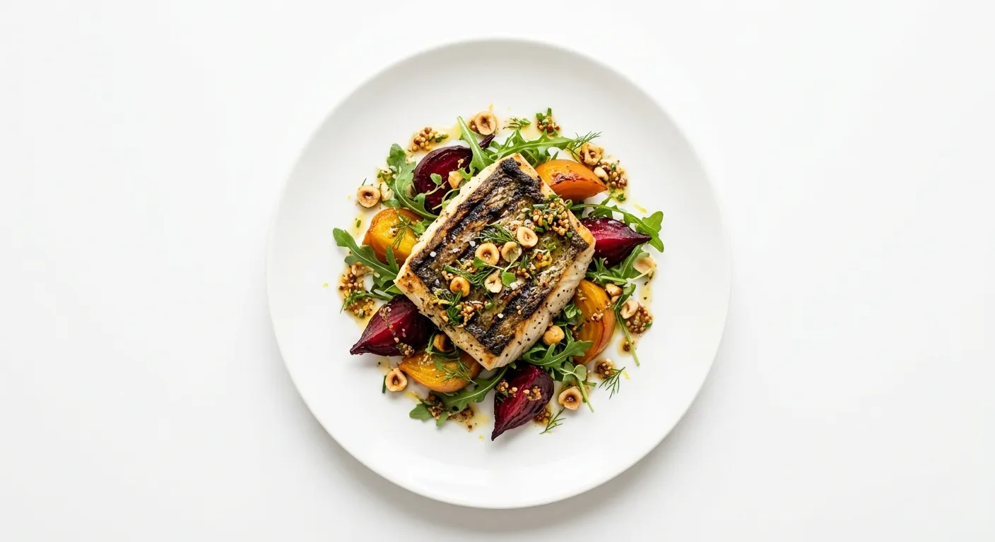 Grilled Turbot with Roasted Beetroot and Hazelnut Vinaigrette