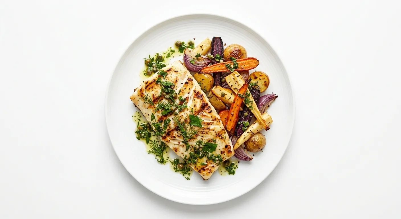 Grilled Turbot with Autumn Root Vegetables and Herb Vinaigrette
