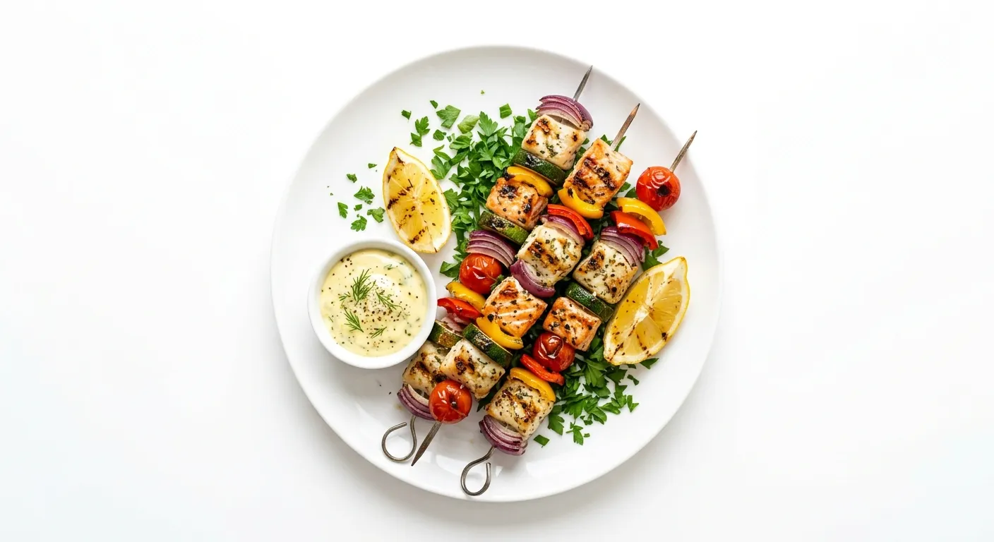 Spicy Grilled Vegetable and Fish Skewers