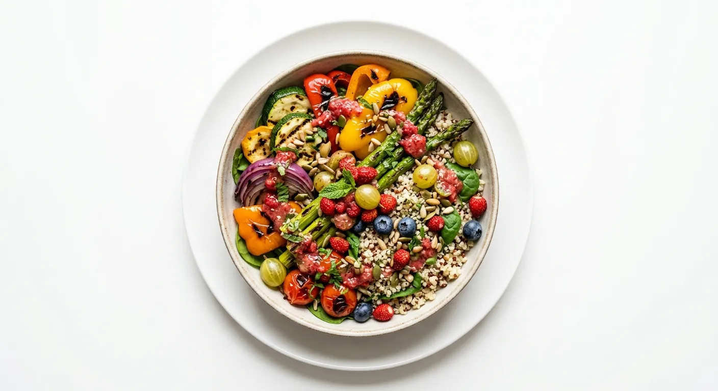 Grilled Vegetable and Quinoa Bowl with Wild Strawberry and Gooseberry Dressing