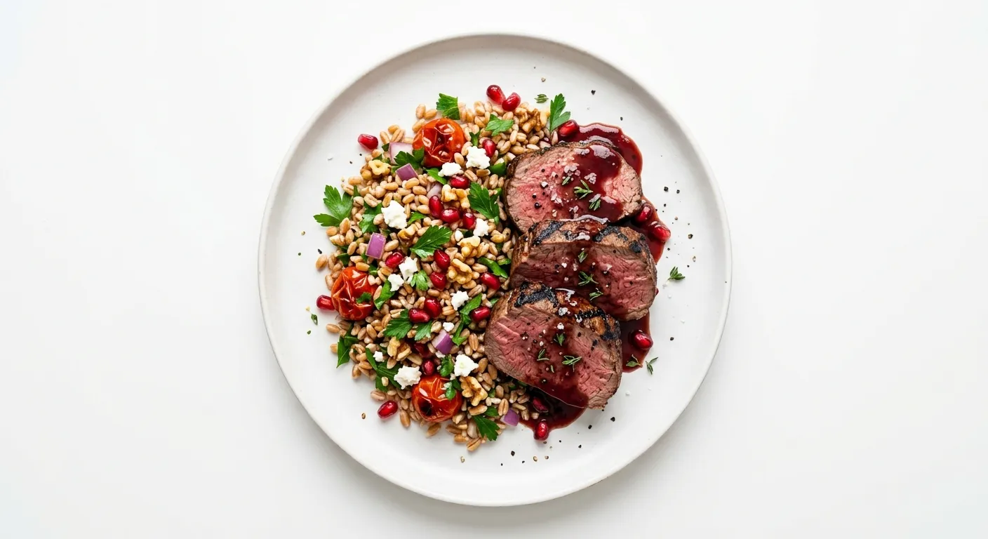 Grilled Venison with Pomegranate Glaze and Farro Salad