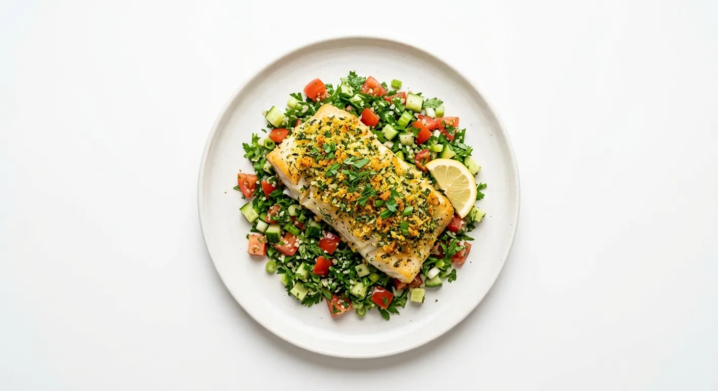 Herb-Crusted Baked Cod with Quinoa-Free Tabbouleh