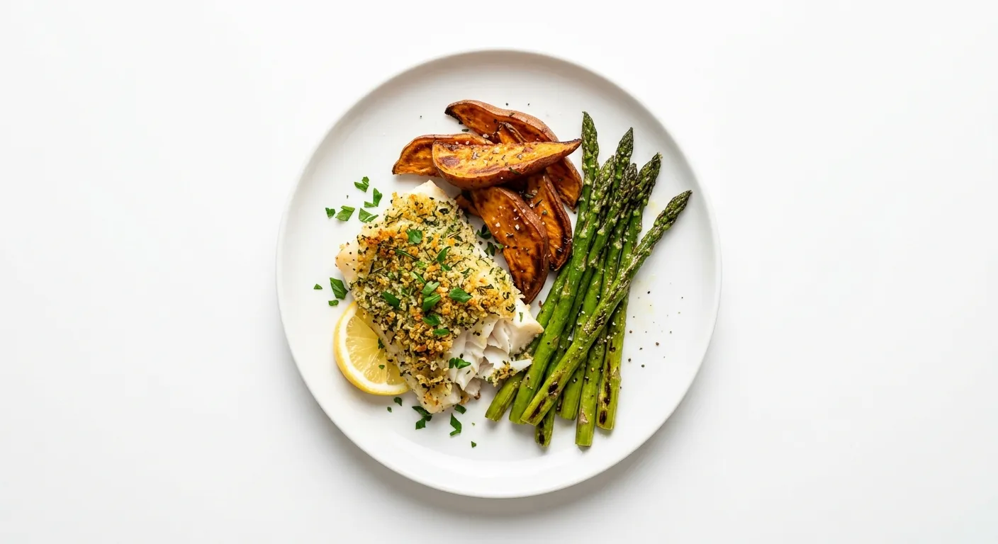 Herb-Crusted Baked Cod with Roasted Sweet Potatoes and Asparagus