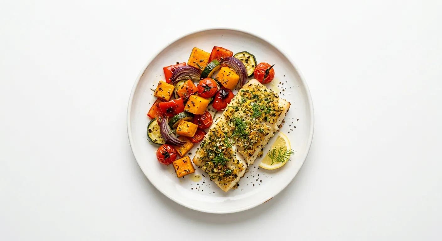 Baked Cod with Herb Crust and Roasted Vegetables