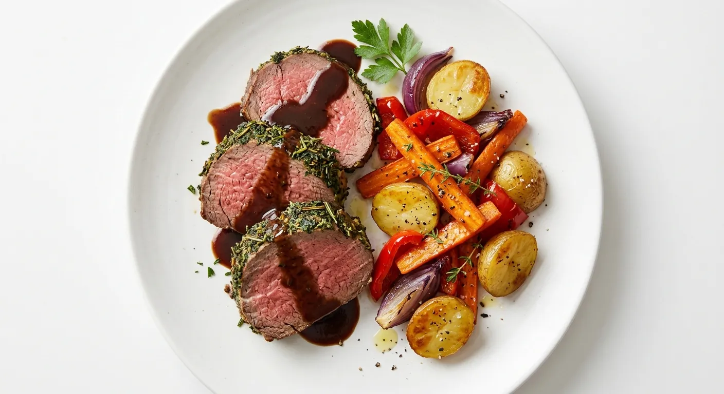 Herb-Crusted Beef Tenderloin with Roasted Autumn Vegetables
