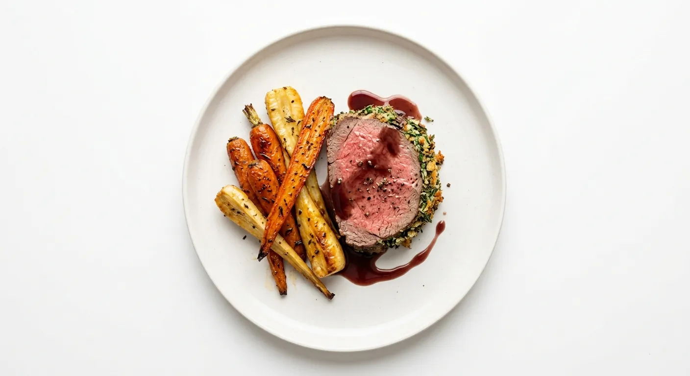 Autumn Herb-Crusted Beef with Roasted Carrot and Parsnip
