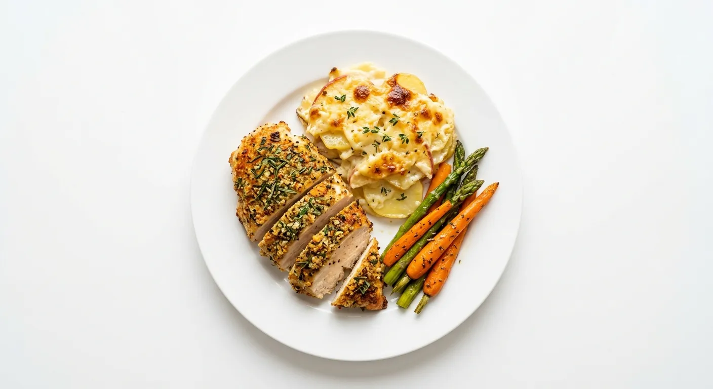 Herb-Crusted Chicken with Apple and Potato Gratin