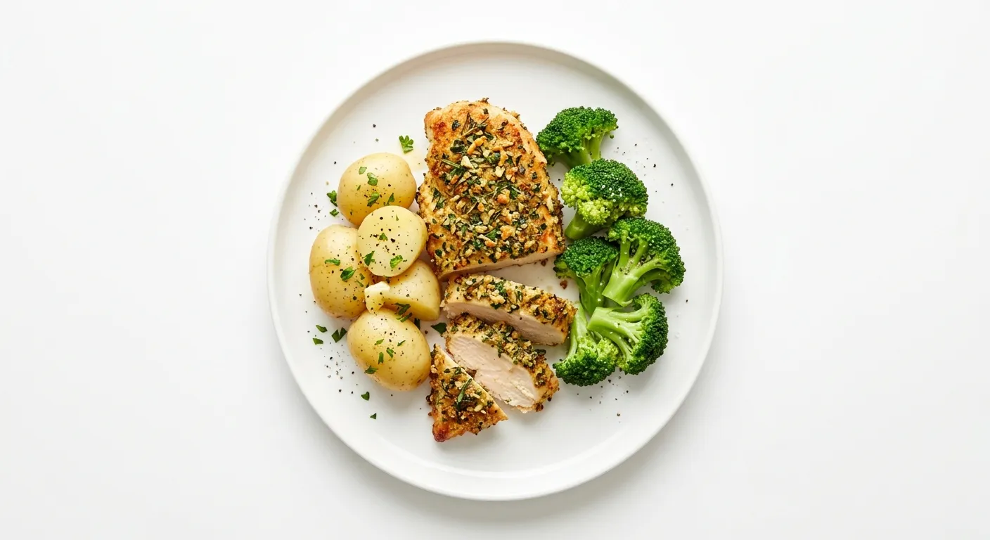 Herb-Crusted Chicken with Boiled Potatoes and Steamed Broccoli