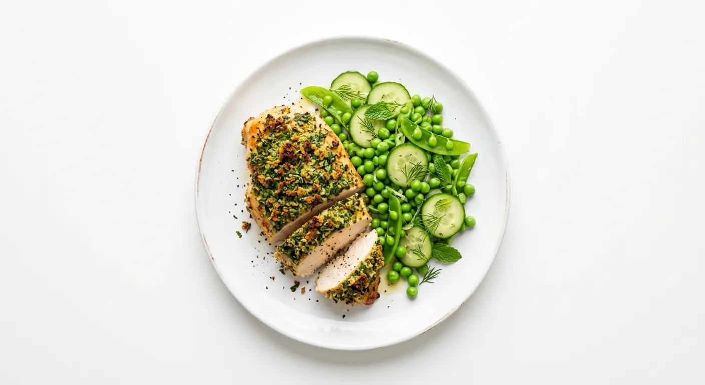 Herb-Crusted Chicken with Pea and Cucumber Medley