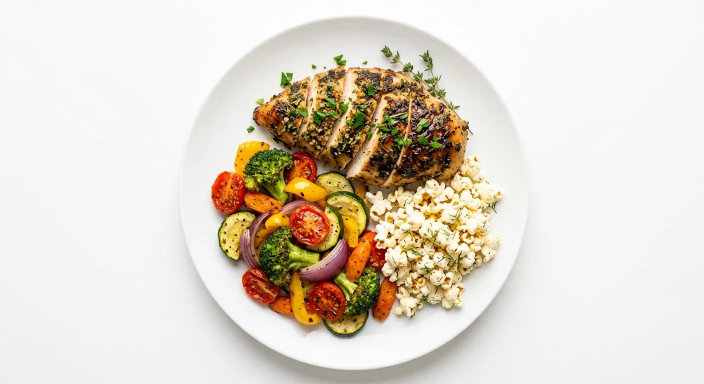 Herb-Crusted Chicken with Popcorn and Vegetable Medley