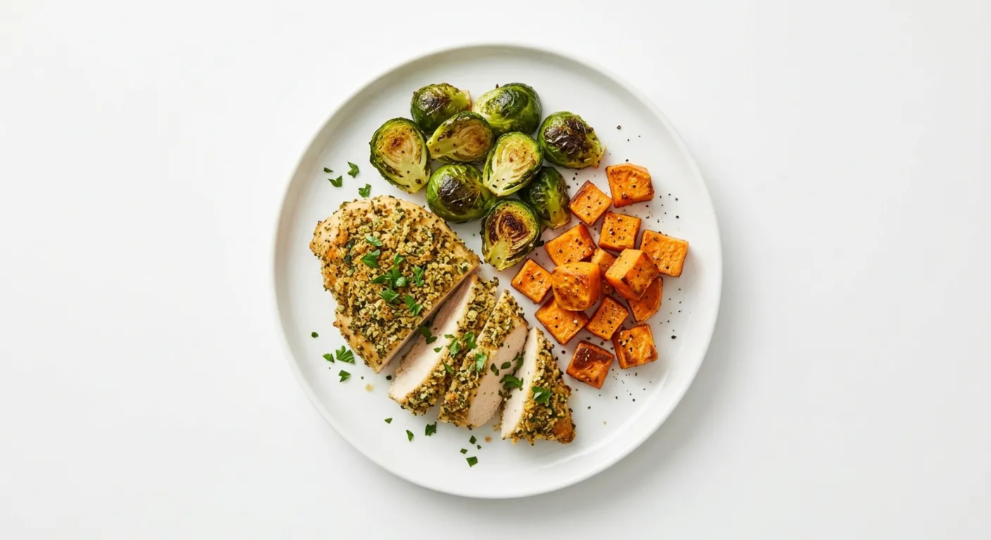 Autumn Herb-Crusted Chicken with Roasted Brussels Sprouts and Sweet Potato