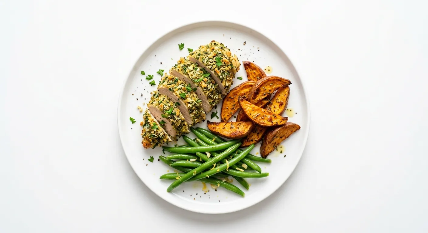 Herb-Crusted Chicken with Roasted Sweet Potatoes and Green Beans