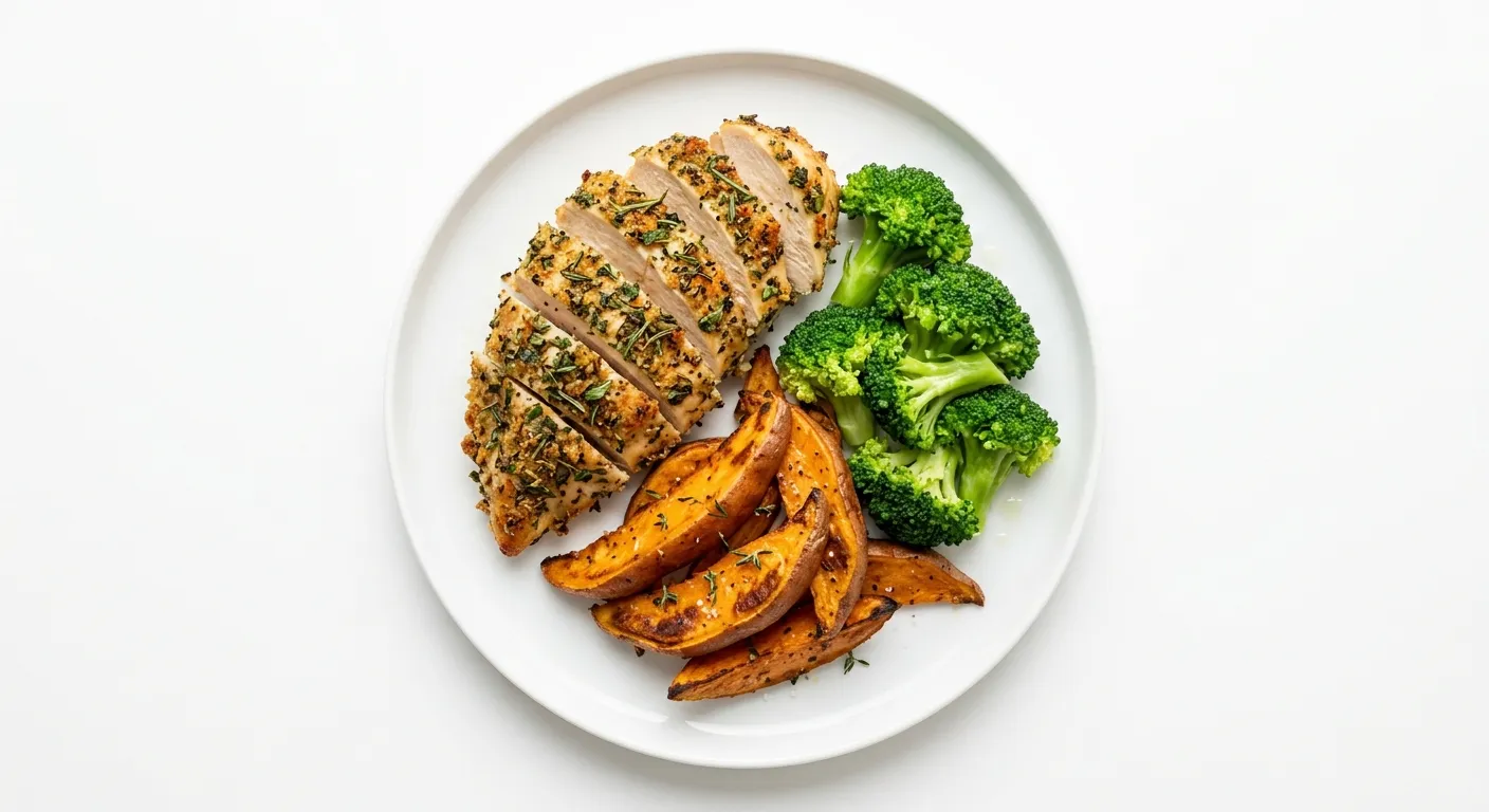 Herb-Crusted Chicken with Roasted Sweet Potatoes and Steamed Broccoli