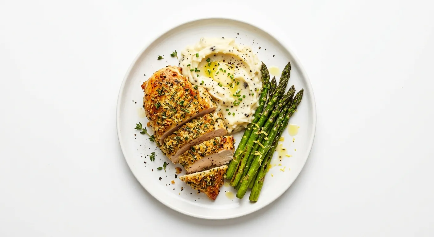 Herb-Crusted Chicken with Truffle Mashed Potatoes and Asparagus
