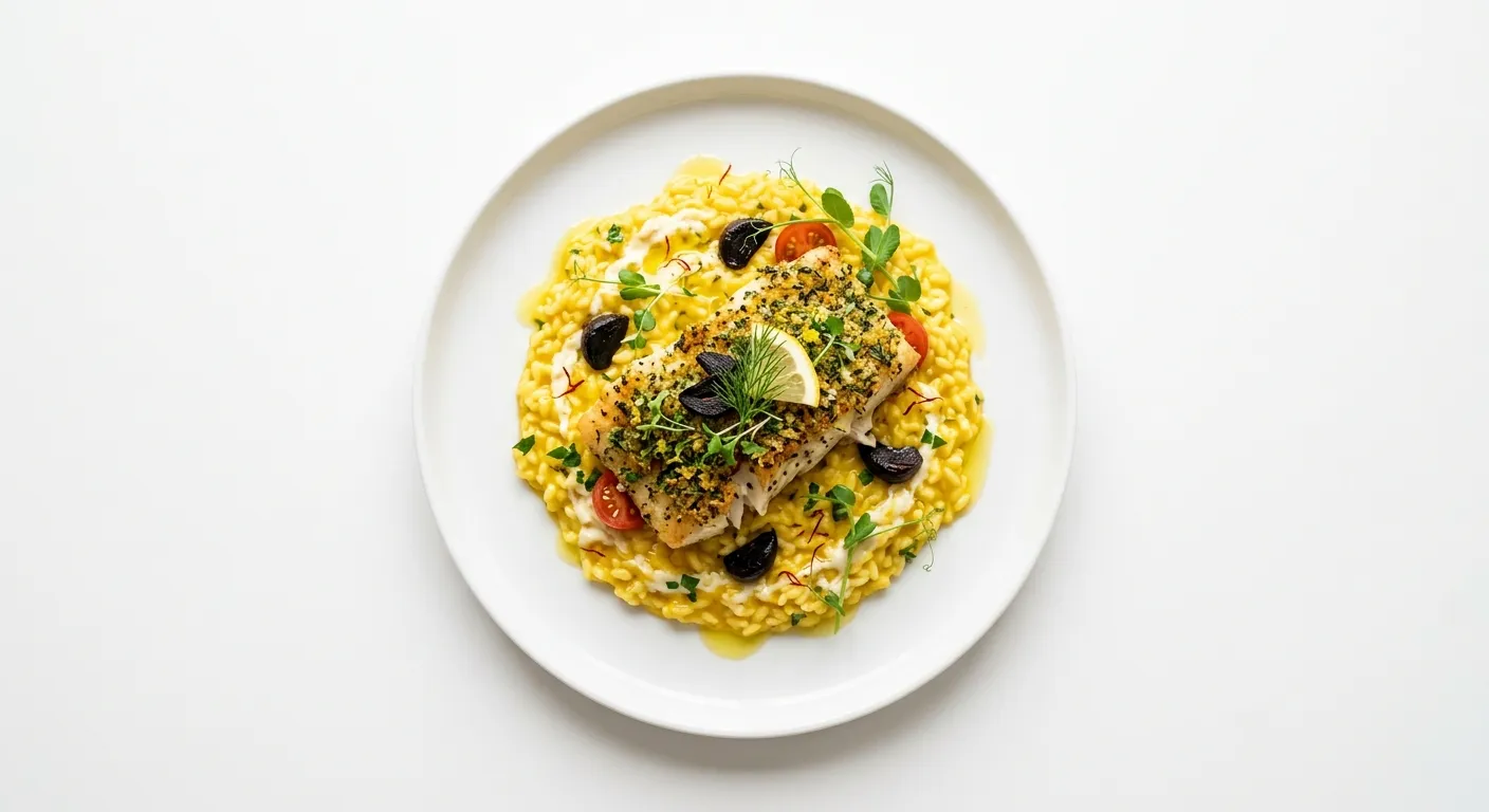 Herb-Crusted Cod with Black Garlic and Saffron Risotto