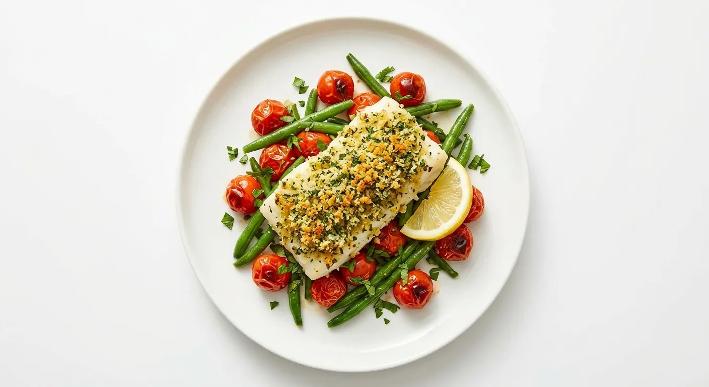 Herb-Crusted Cod with Cherry Tomato and Green Bean Medley