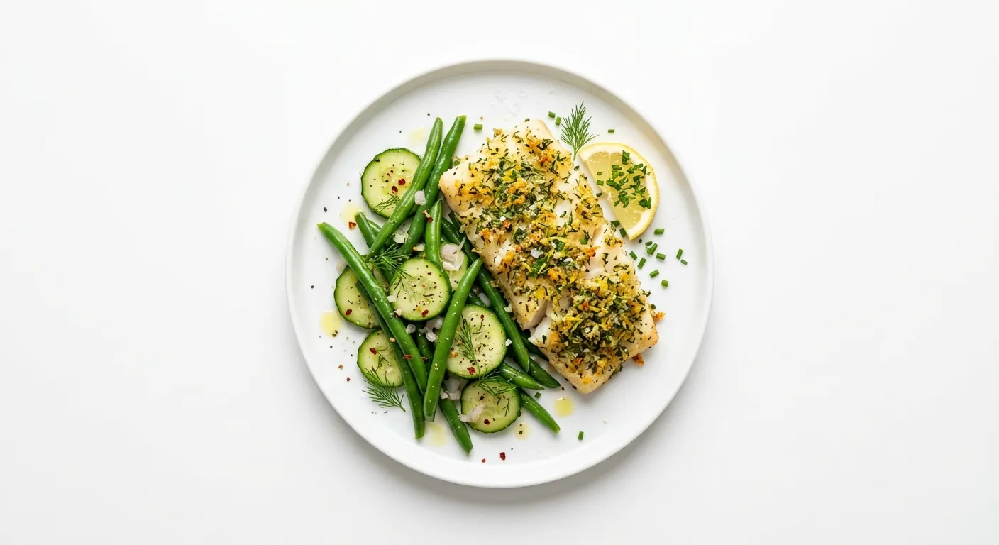 Herb-Crusted Cod with Cucumber and Green Bean Medley