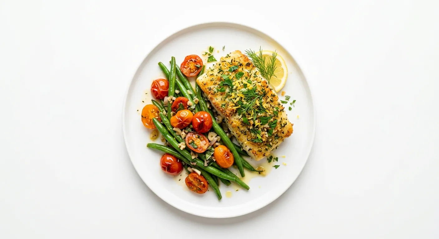 Herb-Crusted Cod with Green Bean and Cherry Tomato Medley