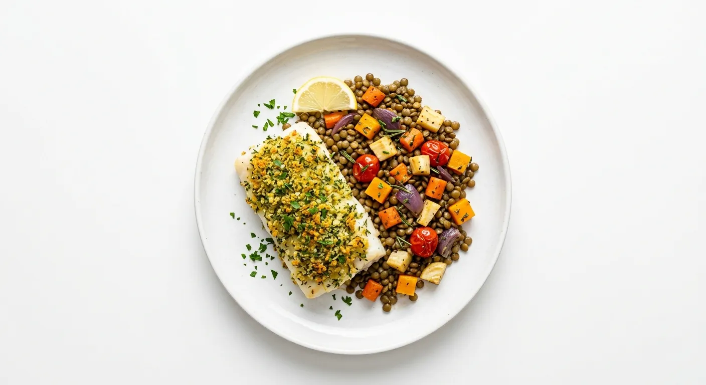 Herb-Crusted Cod with Lentil and Roasted Vegetable Medley