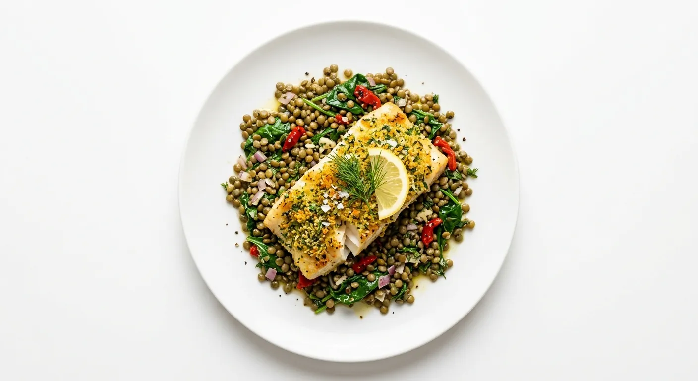 Herb-Crusted Cod with Lentil and Spinach Salad