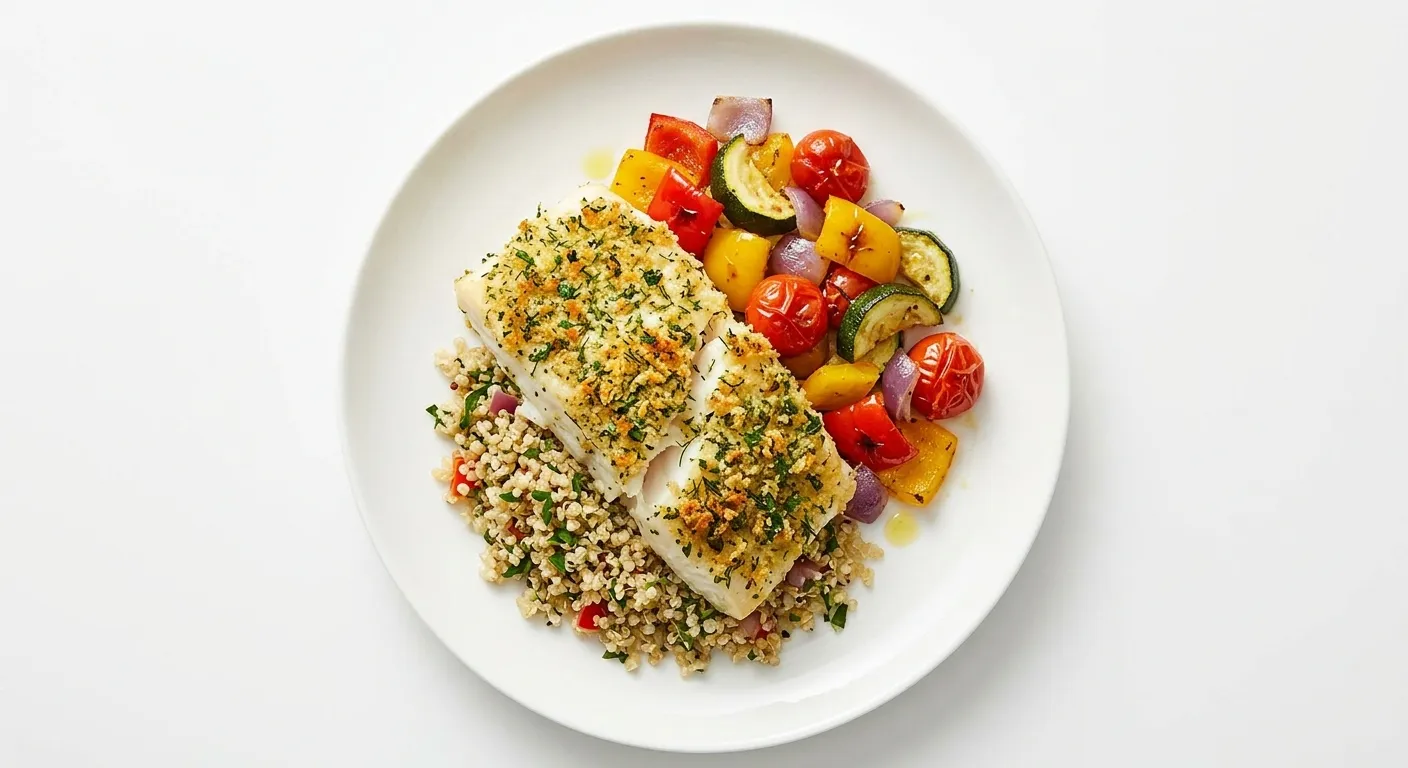 Herb-Crusted Cod with Quinoa and Roasted Vegetables
